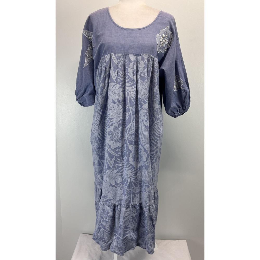 FLAW Vtg Ramona Rull Cotton Midi Dress Large Blue Tropical Appliqué Flutter Hem